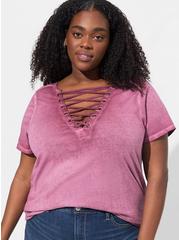 Plus Size Vintage Cotton Jersey Crew Neck Lace Up Tee, ROSE TAUPE, alternate