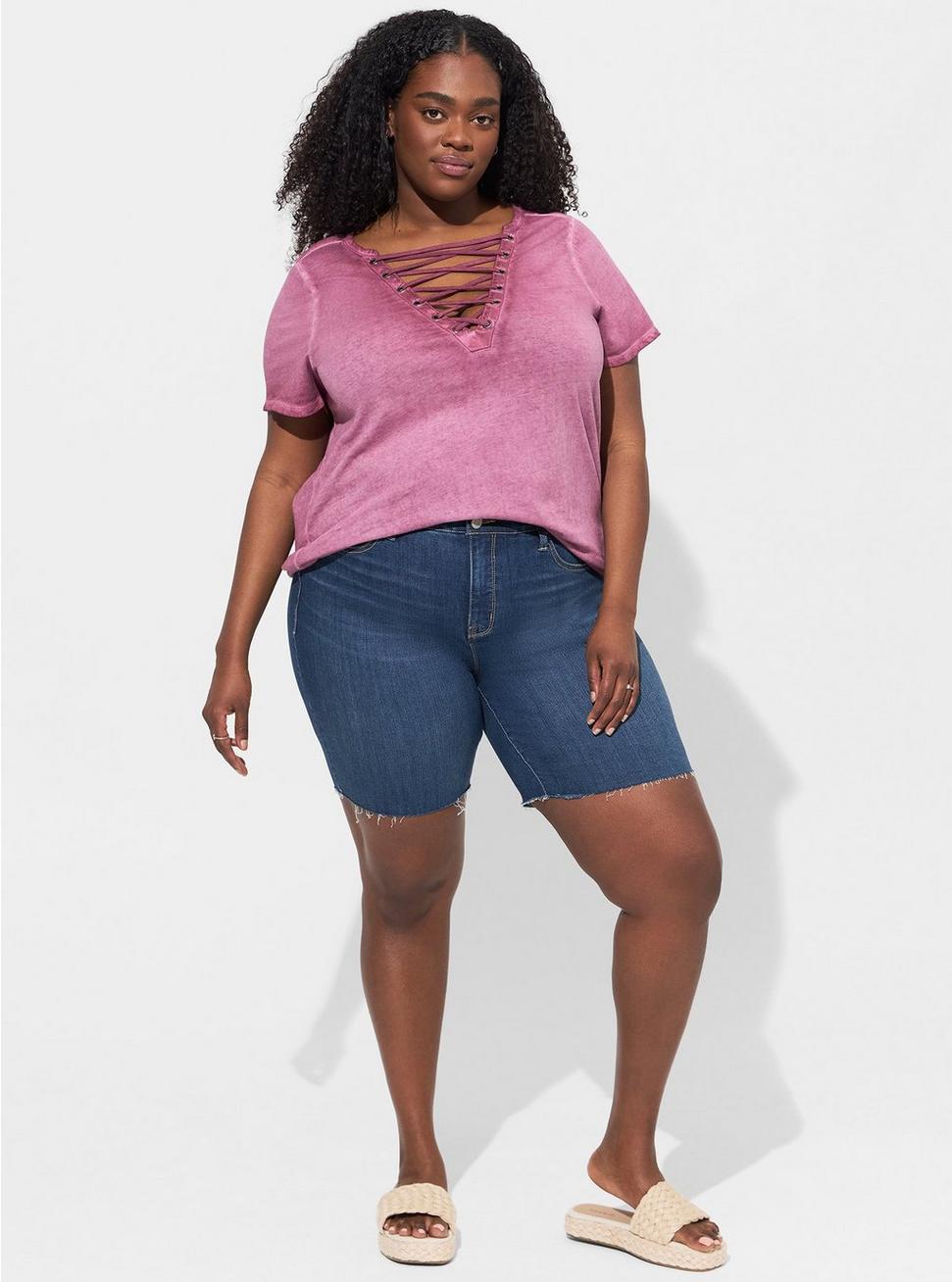 Plus Size Vintage Cotton Jersey Crew Neck Lace Up Tee, ROSE TAUPE, alternate