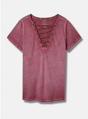 Plus Size Vintage Cotton Jersey Crew Neck Lace Up Tee, ROSE TAUPE, hi-res