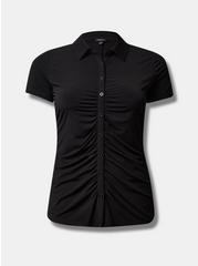 Plus Size Studio Knit Shirred Front Button Down Shirt, DEEP BLACK, hi-res