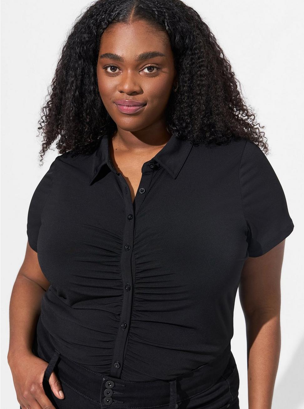 Plus Size Studio Knit Shirred Front Button Down Shirt, DEEP BLACK, hi-res