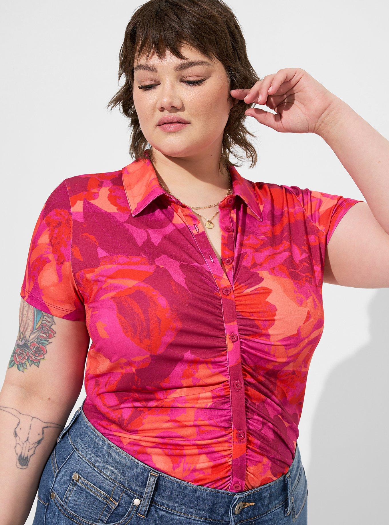 TORRID Studio Knit Shirred Front Button Down Shirt