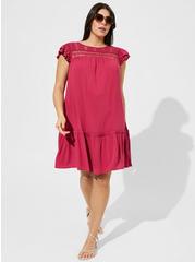 Mini Rayon Slub Crochet Yoke Shift Dress, RED BUD, hi-res