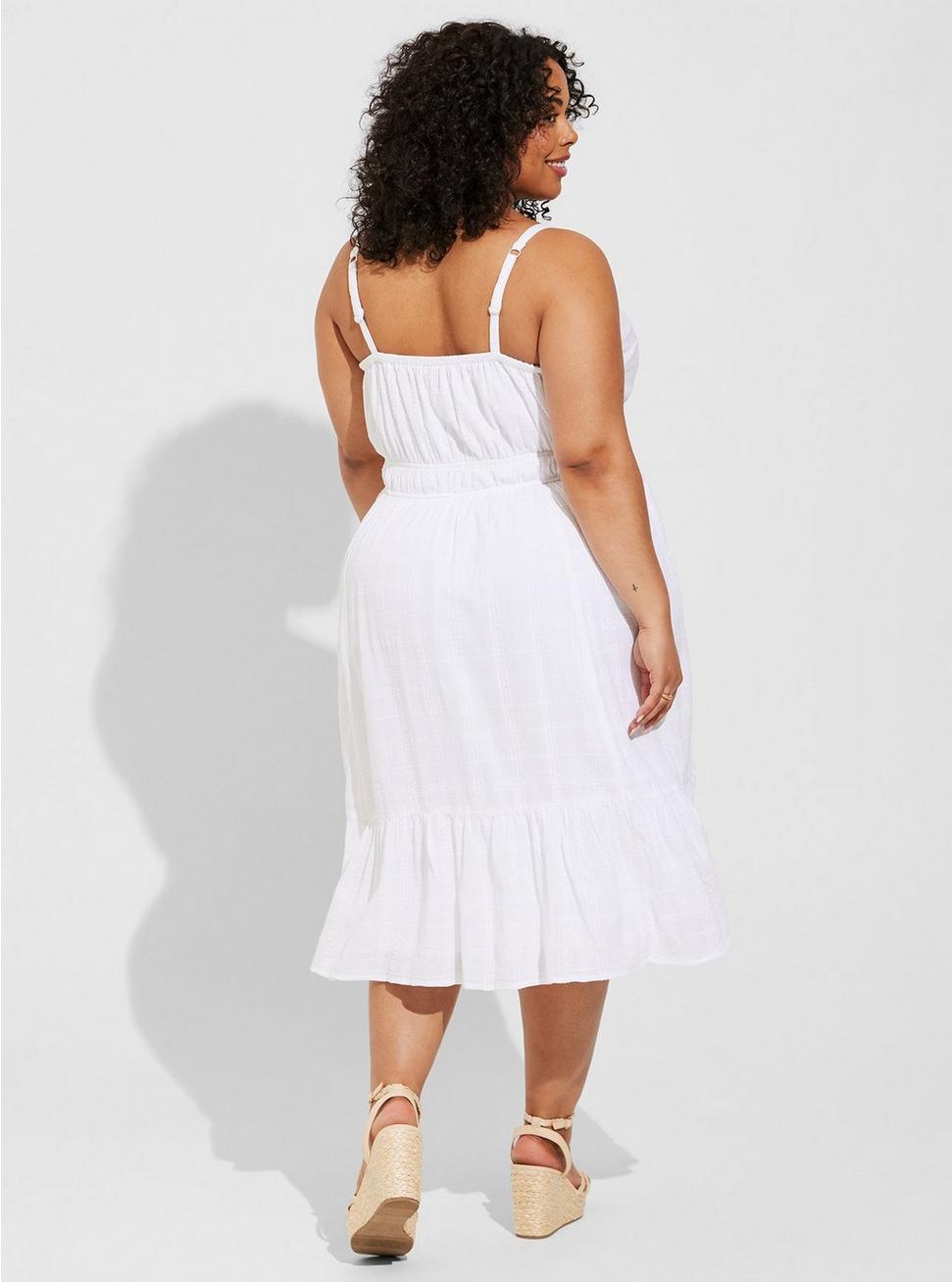 Plus Size Midi Textured Cotton Tiered Dress, BRIGHT WHITE, alternate