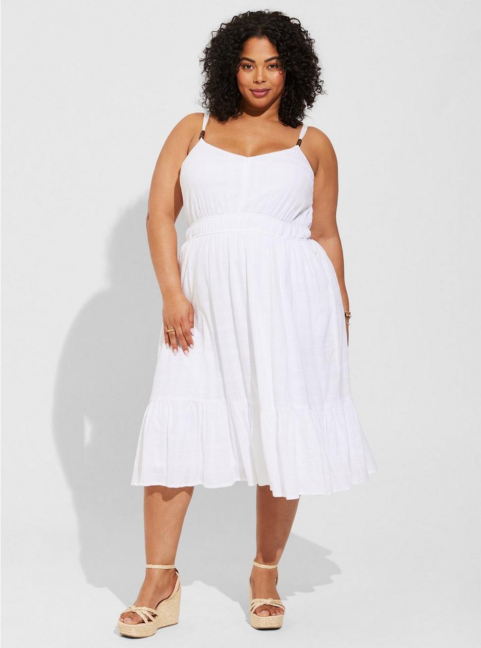 Plus Size Midi Textured Cotton Tiered Dress, BRIGHT WHITE, hi-res