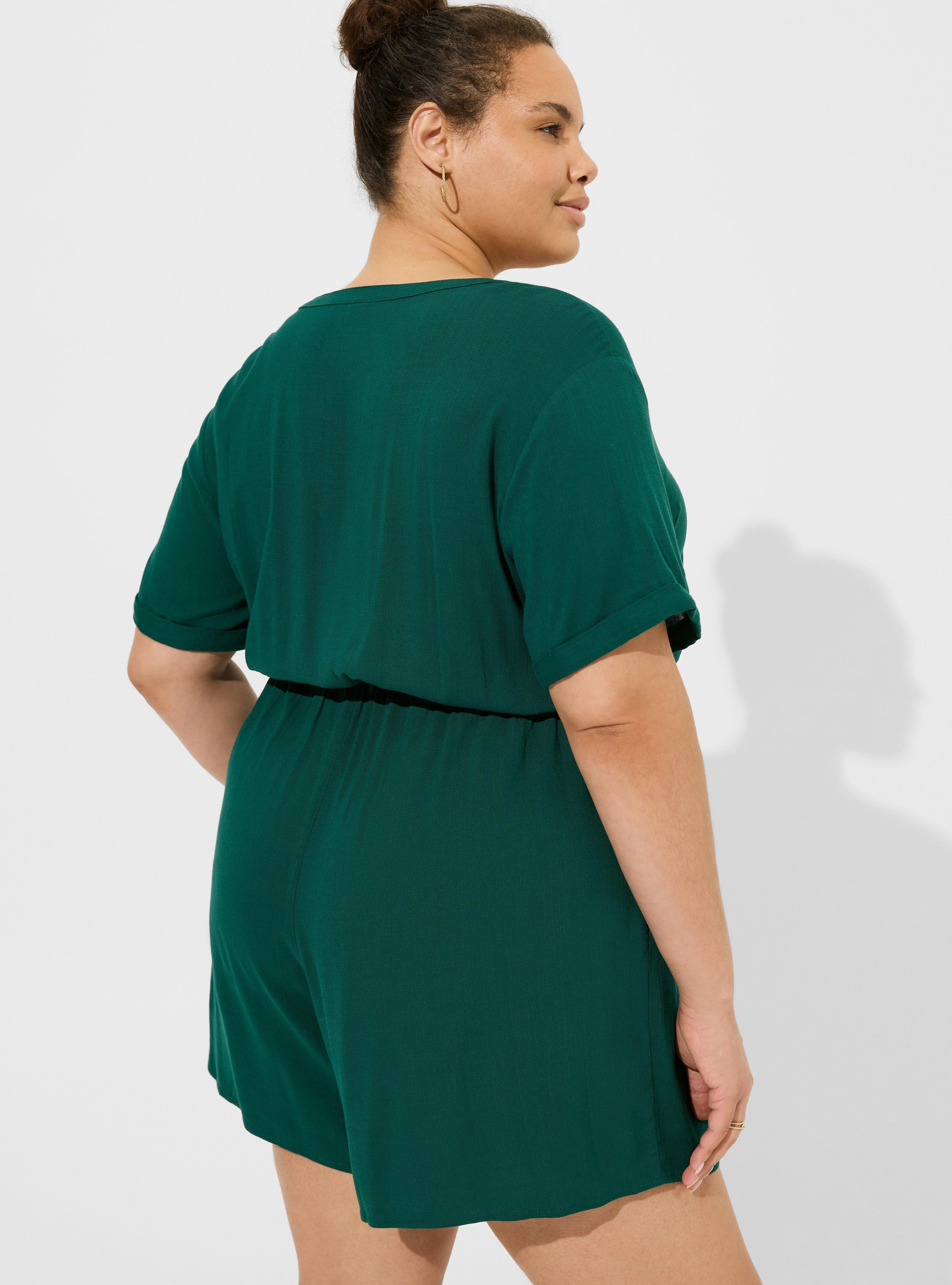 Plus Size Rayon Slub Button Front Romper, BOTANICAL GARDEN, alternate