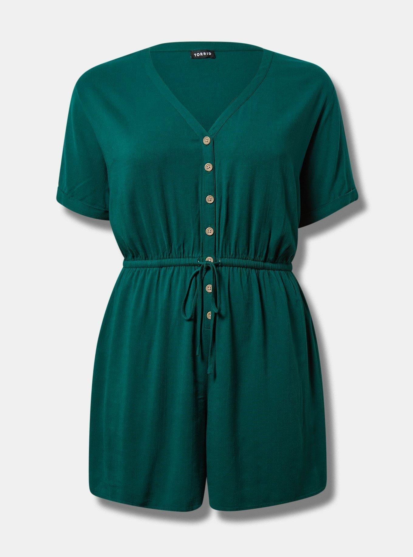 Plus Size Rayon Slub Button Front Romper, BOTANICAL GARDEN, hi-res