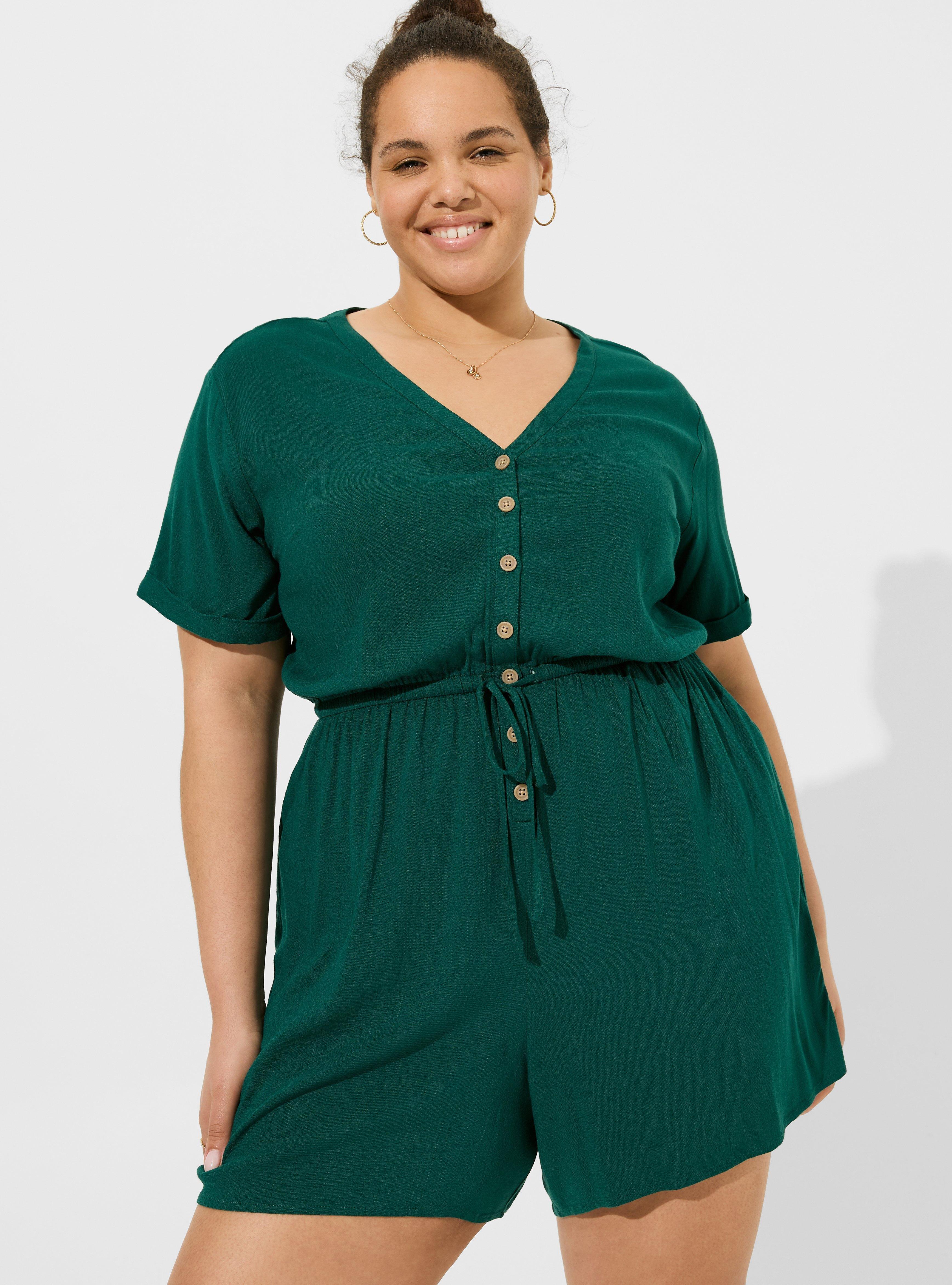 Plus Size Rayon Slub Button Front Romper, BOTANICAL GARDEN, hi-res