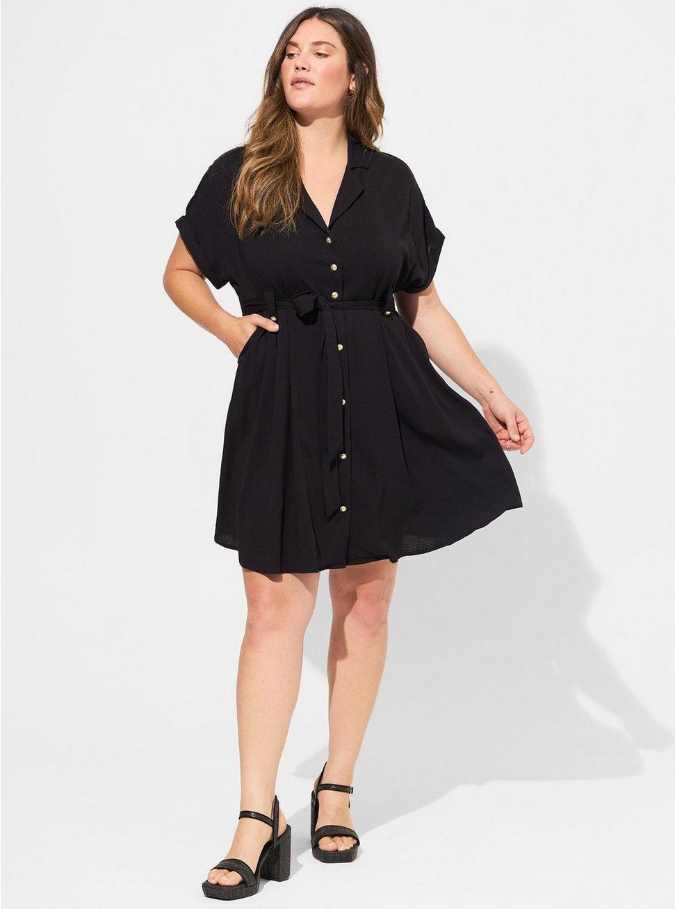 Plus Size Rayon Slub Button-Front Collared Dress, DEEP BLACK, alternate