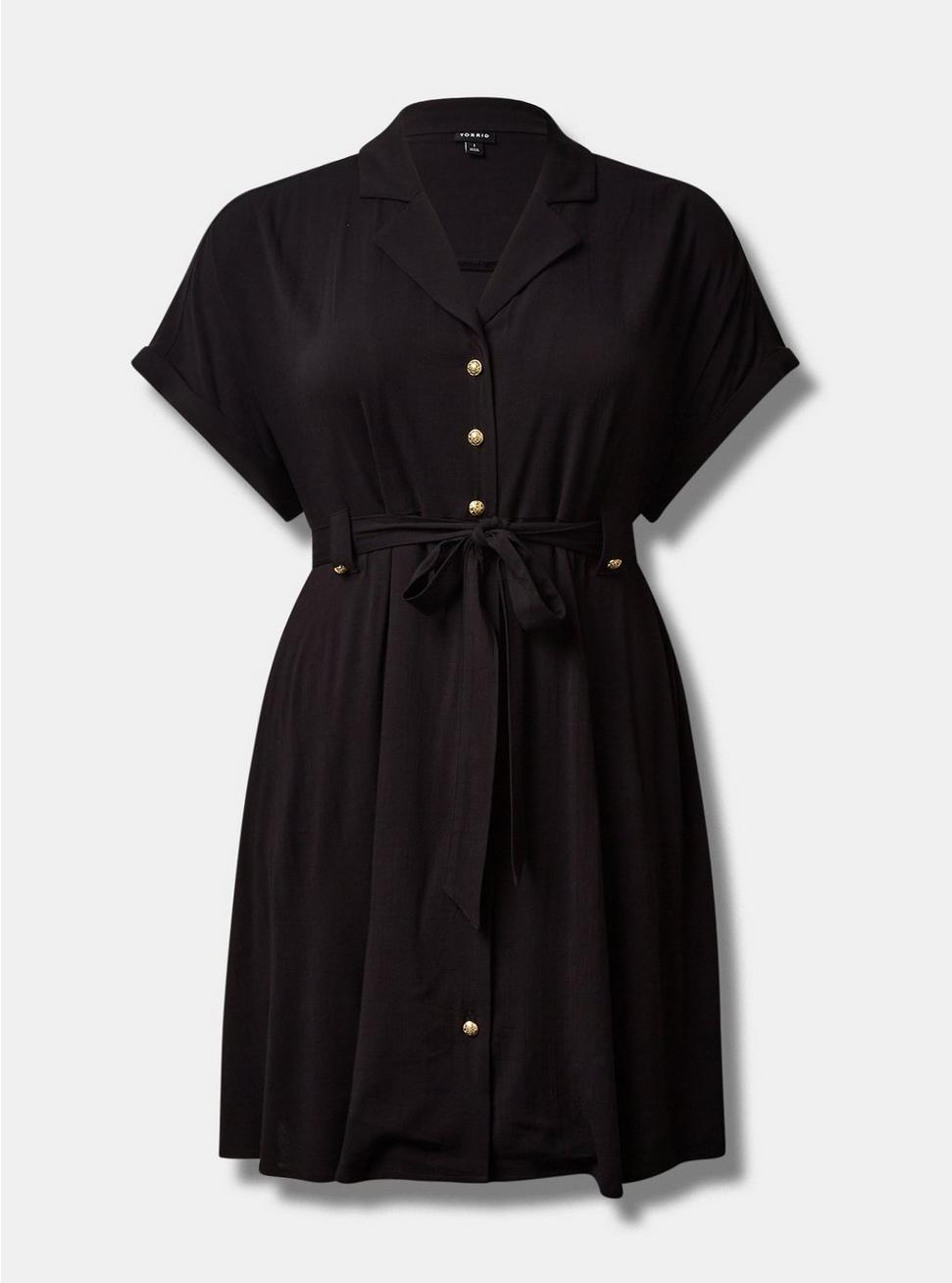 Plus Size Rayon Slub Button-Front Collared Dress, DEEP BLACK, hi-res