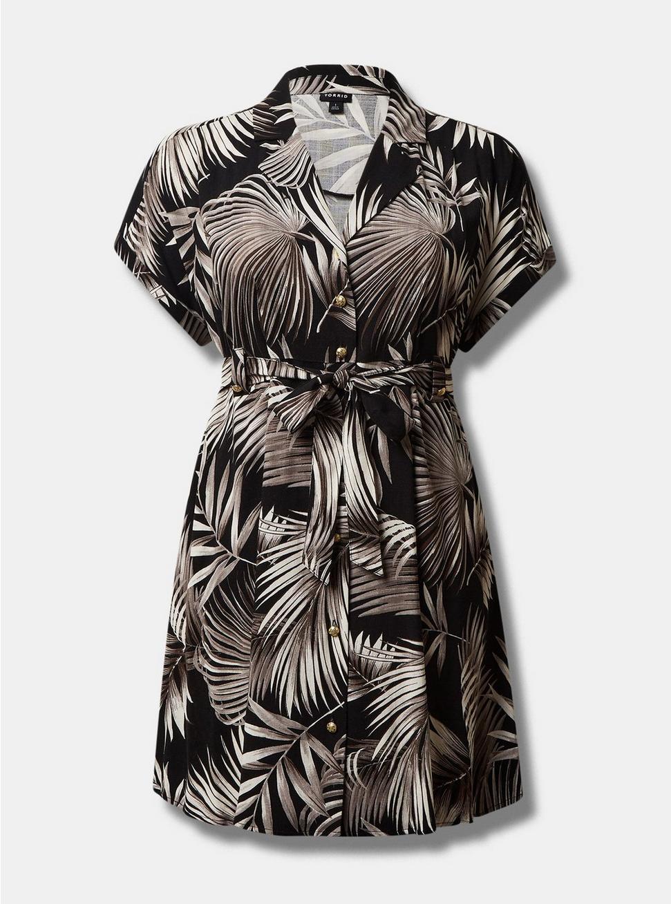 Plus Size Rayon Slub Button-Front Collared Dress, PALM LEAVES BLACK, hi-res
