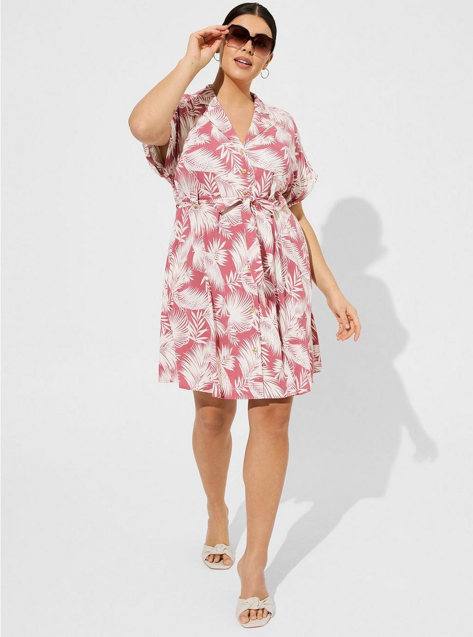 Plus Size Rayon Slub Button-Front Collared Dress, SHADED PALMS, hi-res