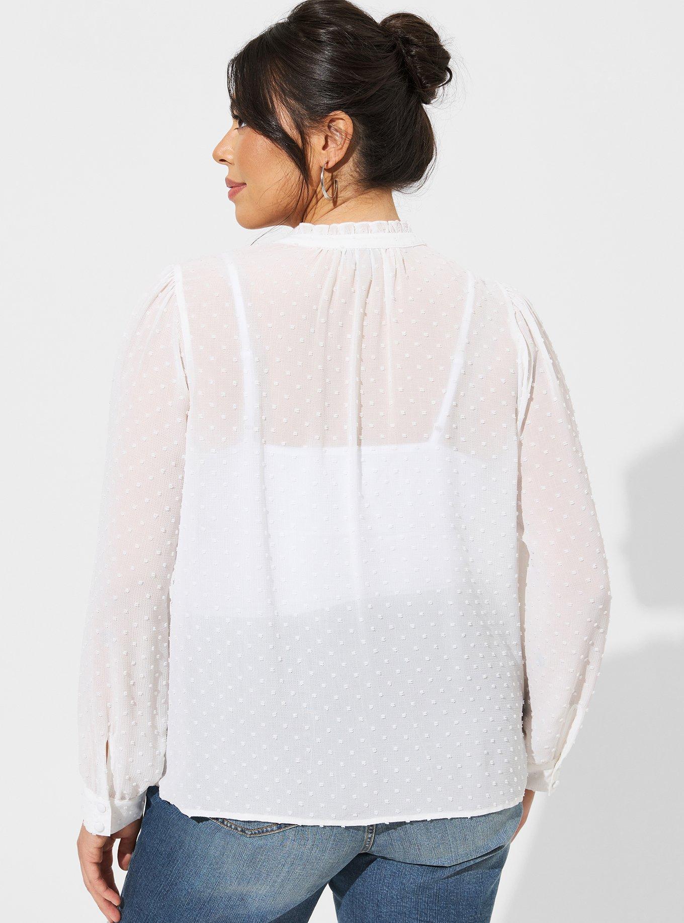 Chiffon Clip Dot Ruffle Neck Tie Front Top