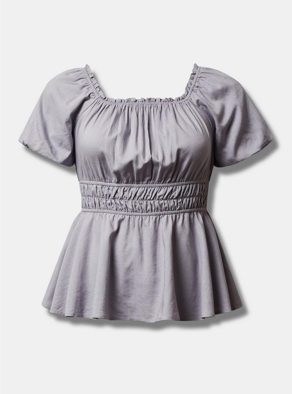 Linen Puff Sleeve Shirred Bodice Blouse, LILAC GRAY, hi-res