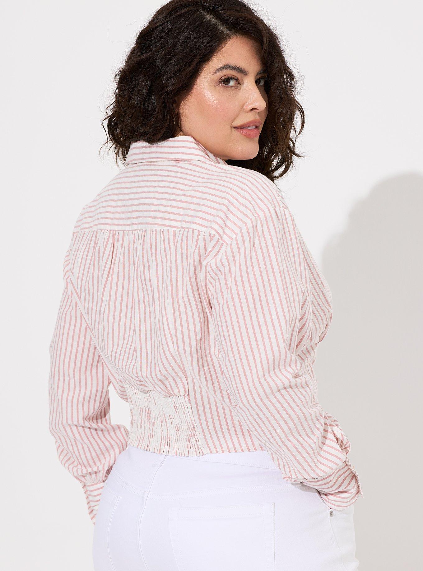 Plus Size Cotton Crop Button Up Shirt, DUSTY ROSE STRIPE, alternate