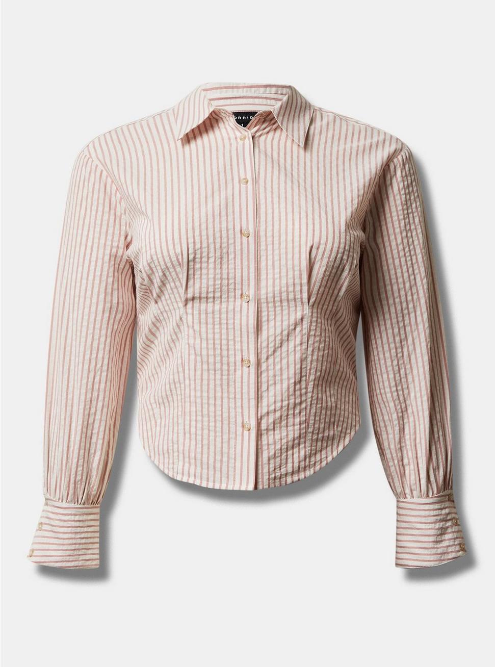 Plus Size Cotton Crop Button Up Shirt, DUSTY ROSE STRIPE, hi-res