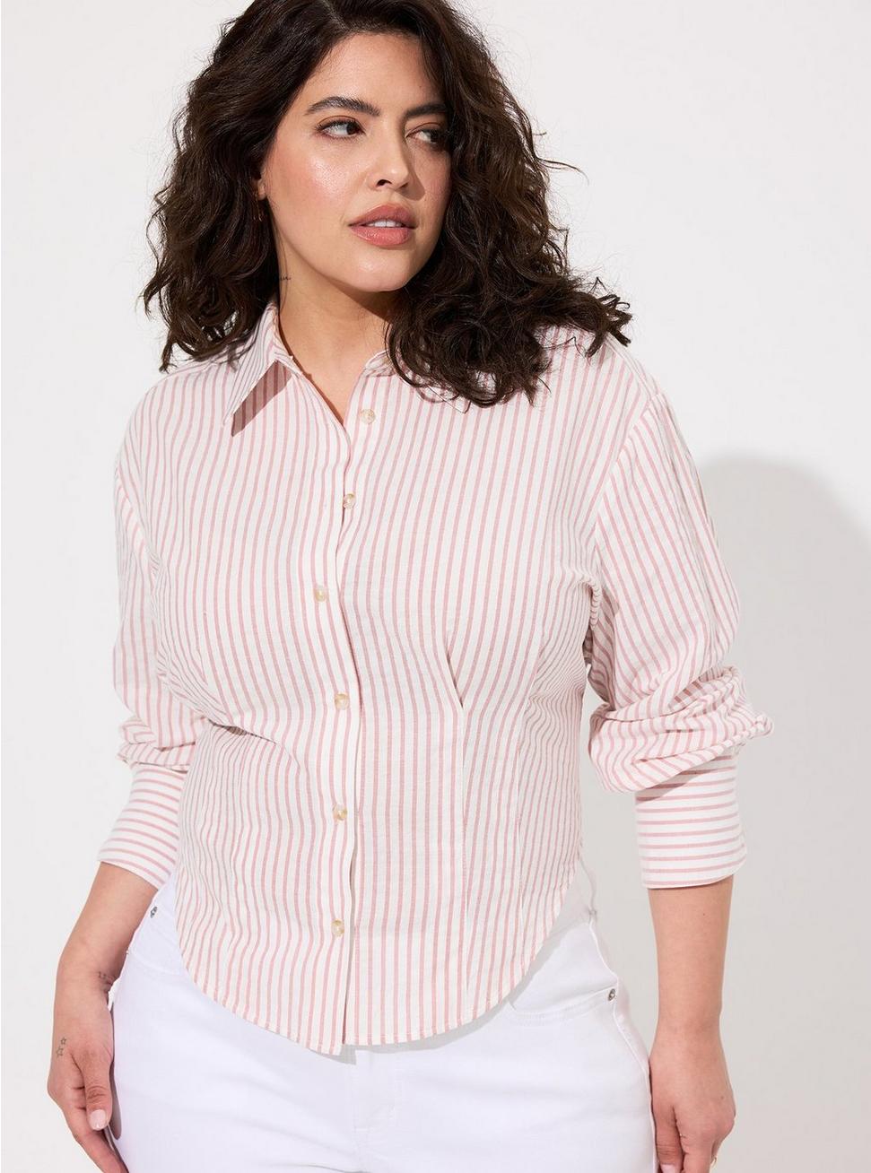 Plus Size Cotton Crop Button Up Shirt, DUSTY ROSE STRIPE, hi-res