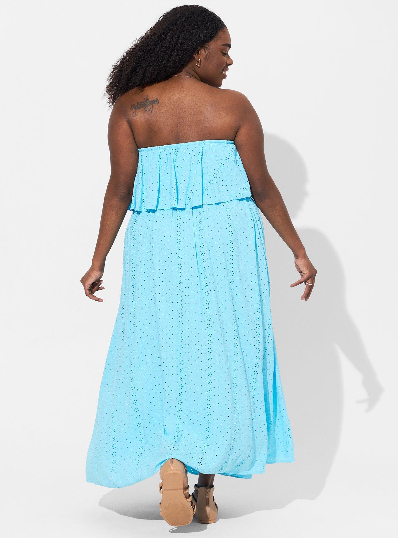 SUMMER OF LOVE SMOCKED EYELET STRAPLESS MINI DRESS IN BLUE MULTI