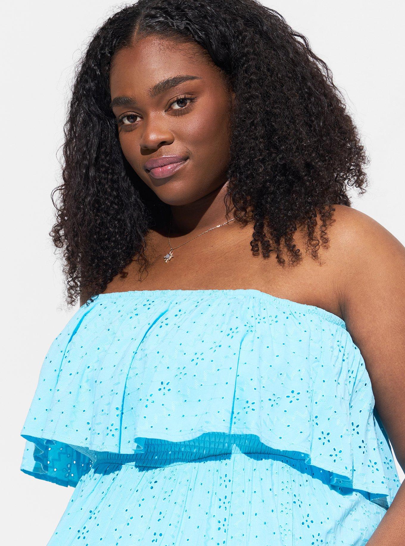 SUMMER OF LOVE SMOCKED EYELET STRAPLESS MINI DRESS IN BLUE MULTI