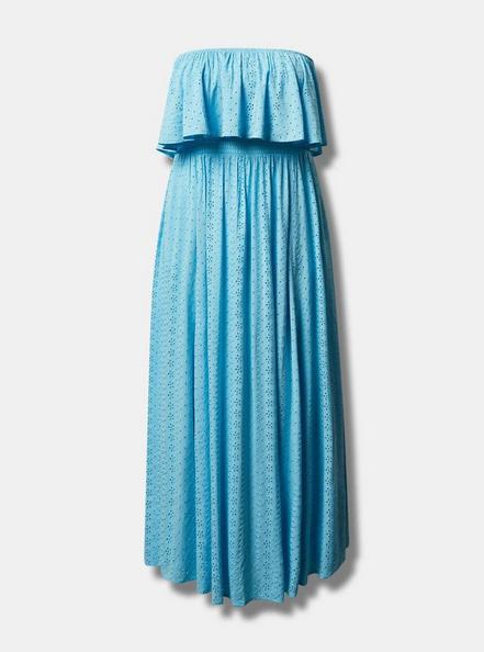 Maxi Eyelet Strapless Smocked Bodice Dress, BLUE TOPAZ, hi-res
