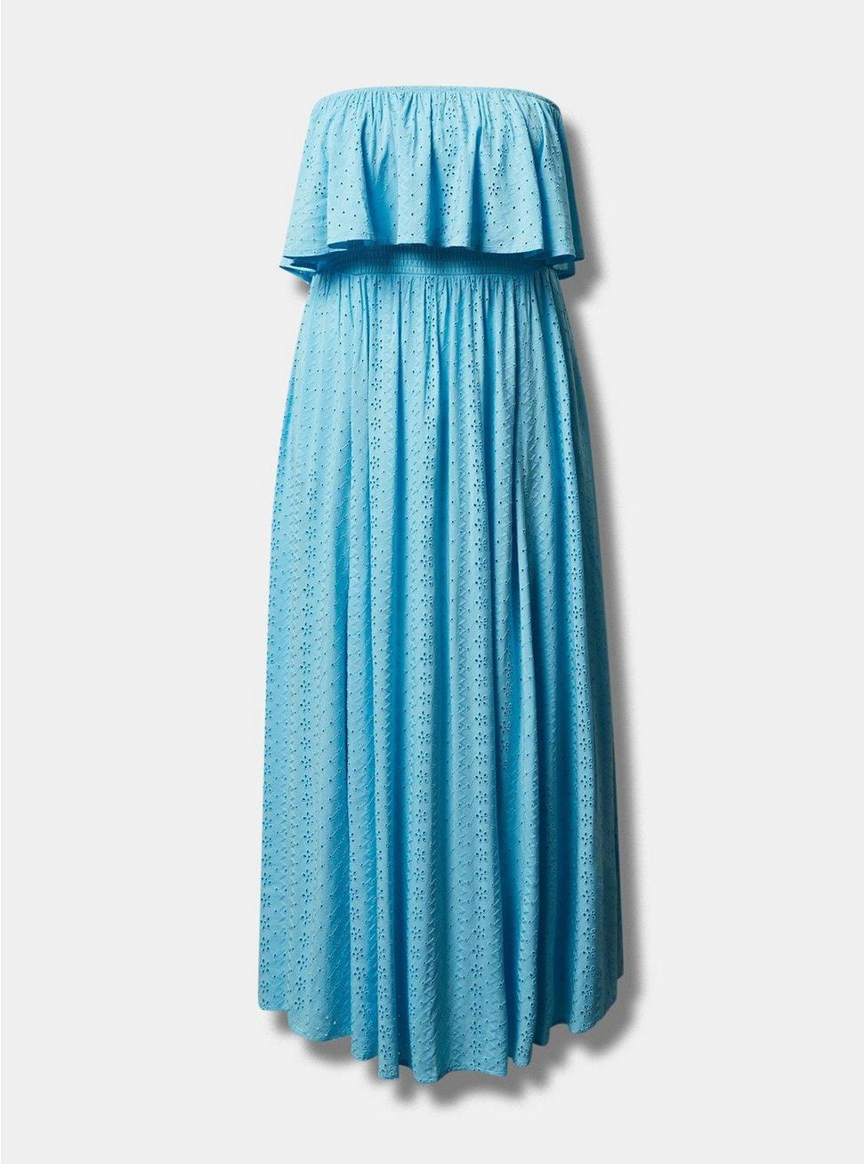 Maxi Eyelet Strapless Smocked Bodice Dress, BLUE TOPAZ, hi-res