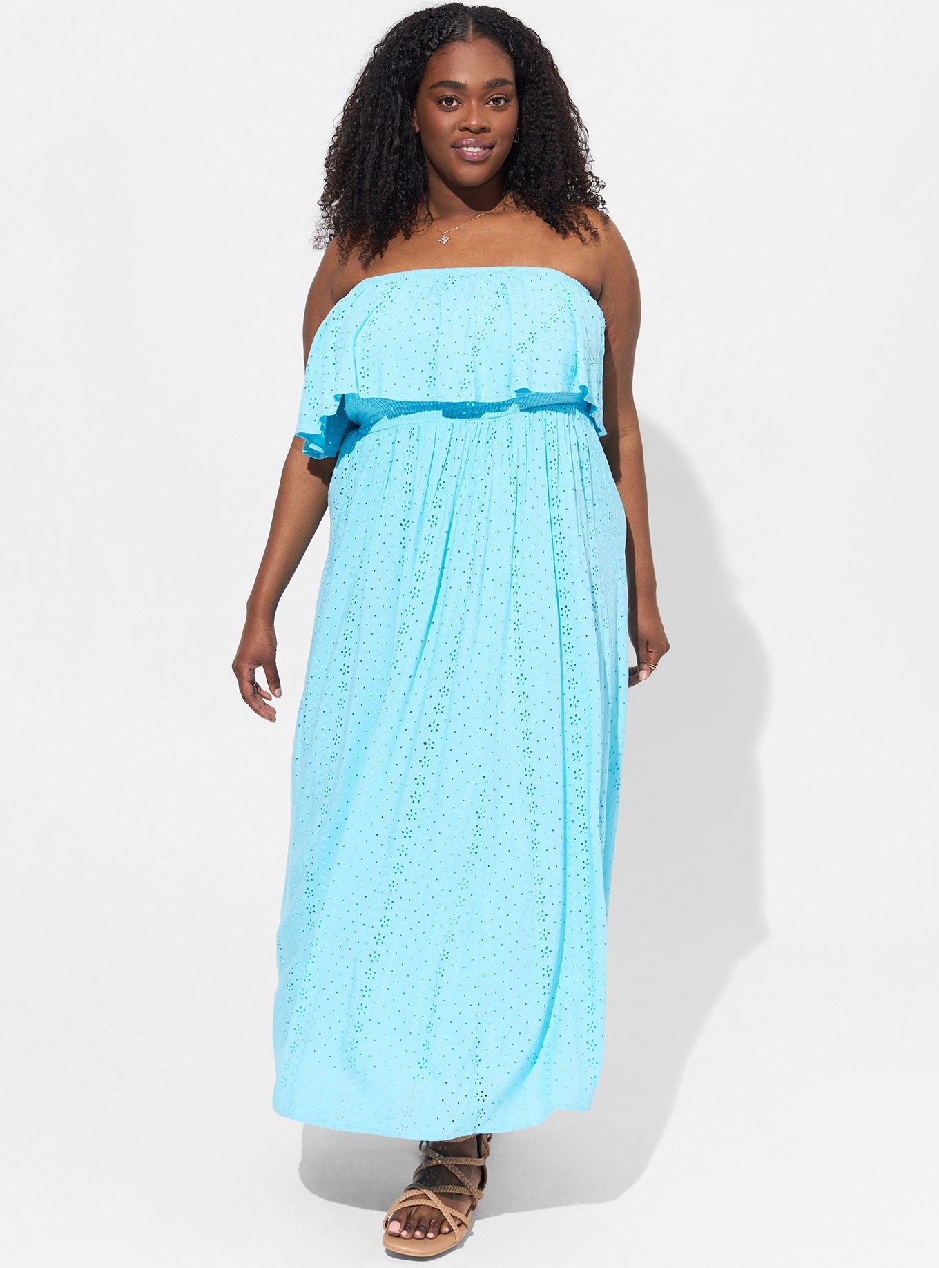 Maxi Eyelet Strapless Smocked Bodice Dress