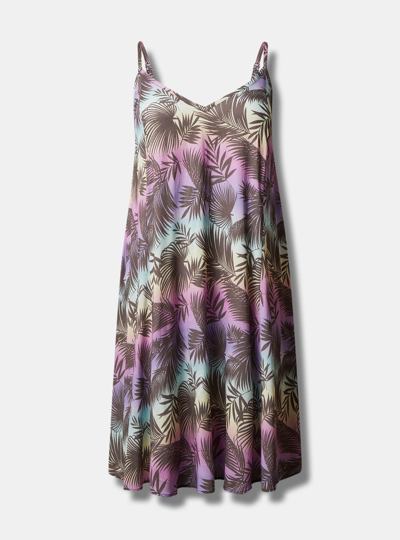 Midi Rayon Slub V Neck Cami Beach Dress, GRADIENT SHADOW LEAVES MULTI, hi-res