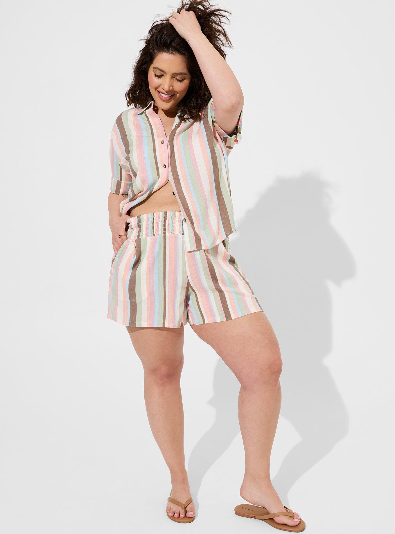 Plus Size Rayon Slub Smocked Waist Beach Short, OBVIOUSLY STRIPE PRISTINE, alternate