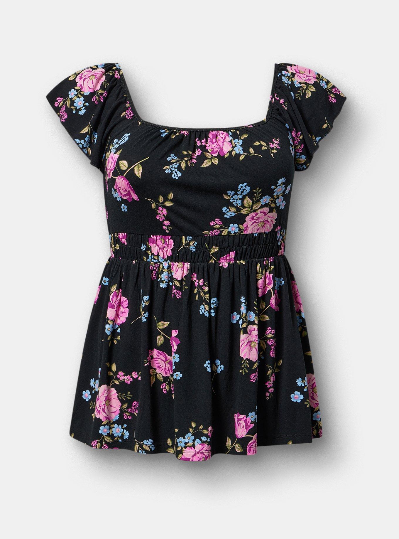 Flutter Sleeve Babydoll Top, KIRBY FLORAL BLACK, hi-res