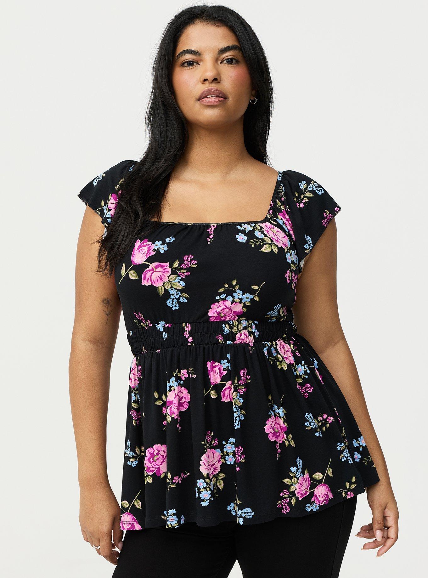 Plus Size Super Soft Babydoll Top, KIRBY FLORAL BLACK, hi-res