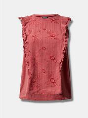 Plus Size Cotton Slub Woven Embroidery Front Crew Neck Ruffle Sleeve Top, MAUVEWOOD PINK, hi-res