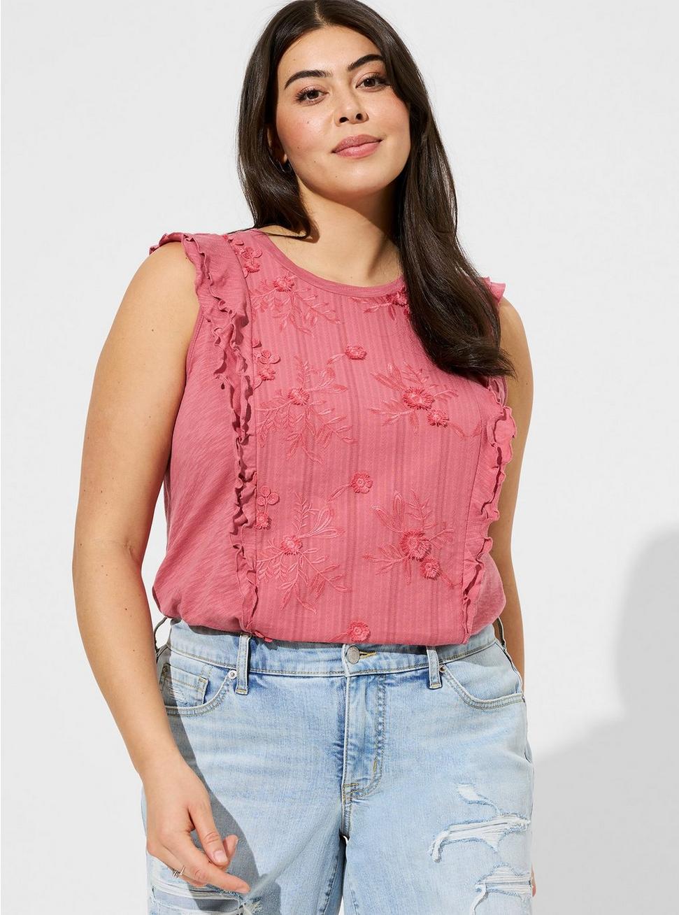 Plus Size Cotton Slub Woven Embroidery Front Crew Neck Ruffle Sleeve Top, MAUVEWOOD PINK, hi-res