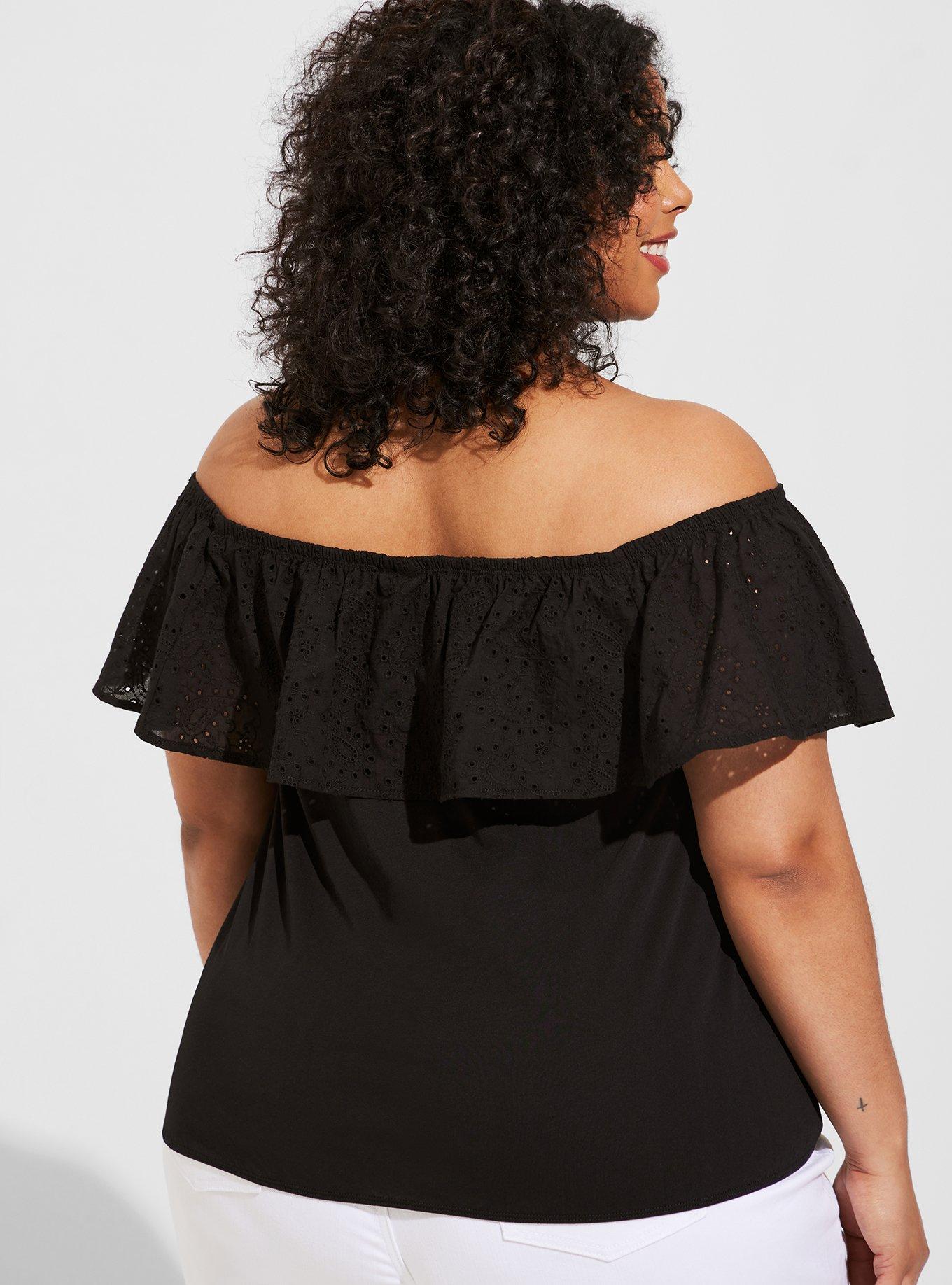 Vintage Cotton Jersey Off The Shoulder Eyelet Banded Bottom Top, DEEP BLACK, alternate