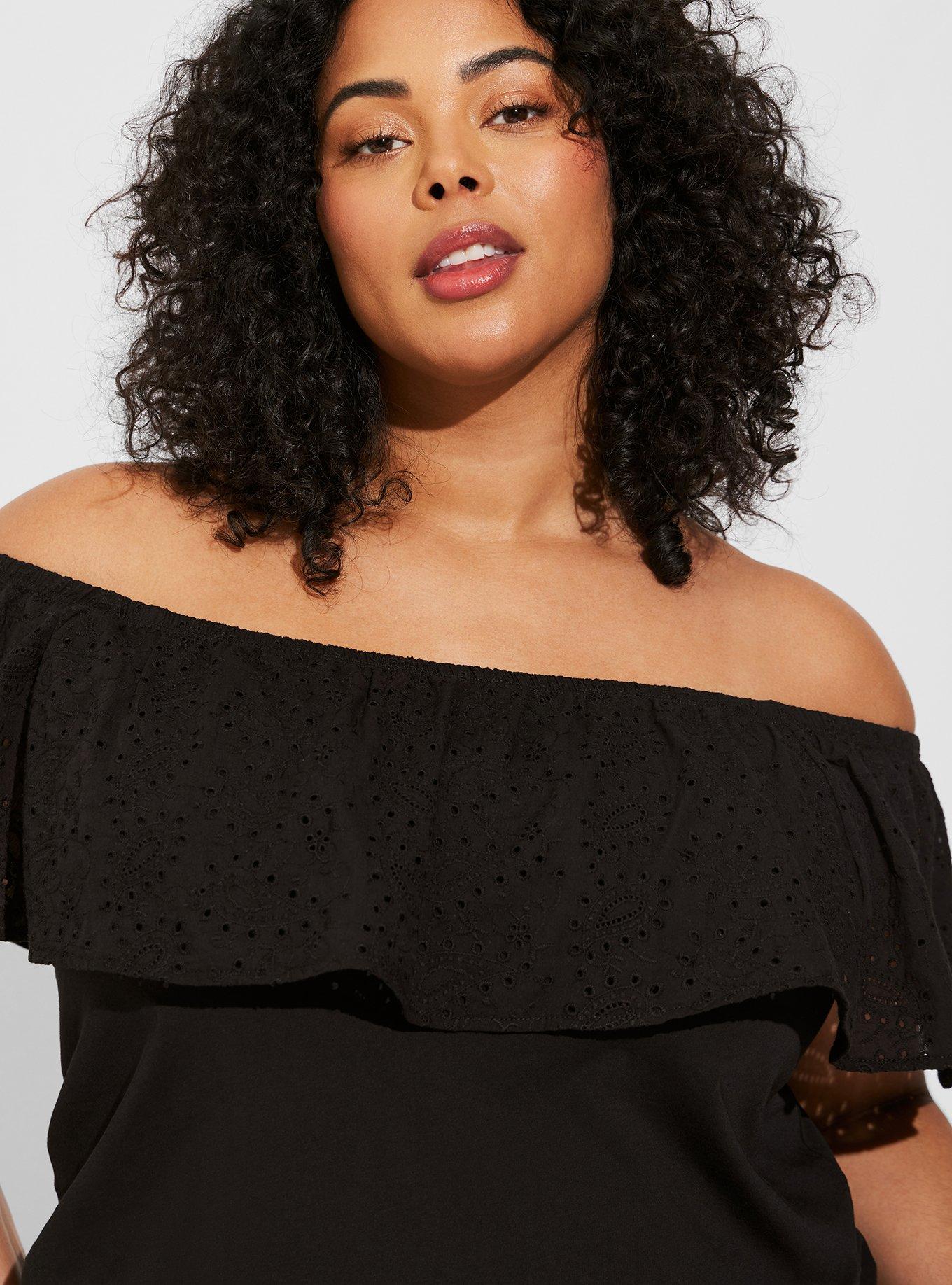 Vintage Cotton Jersey Off The Shoulder Eyelet Banded Bottom Top, DEEP BLACK, alternate