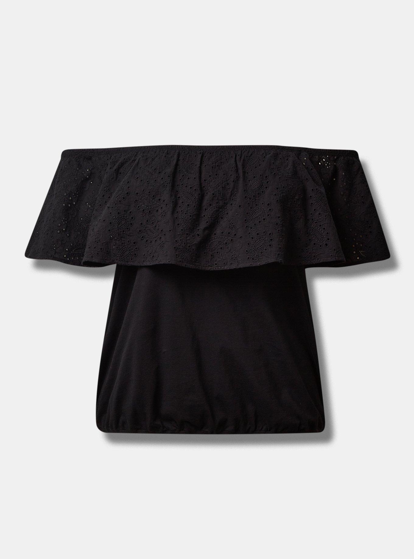 Vintage Cotton Jersey Off The Shoulder Eyelet Banded Bottom Top, DEEP BLACK, hi-res