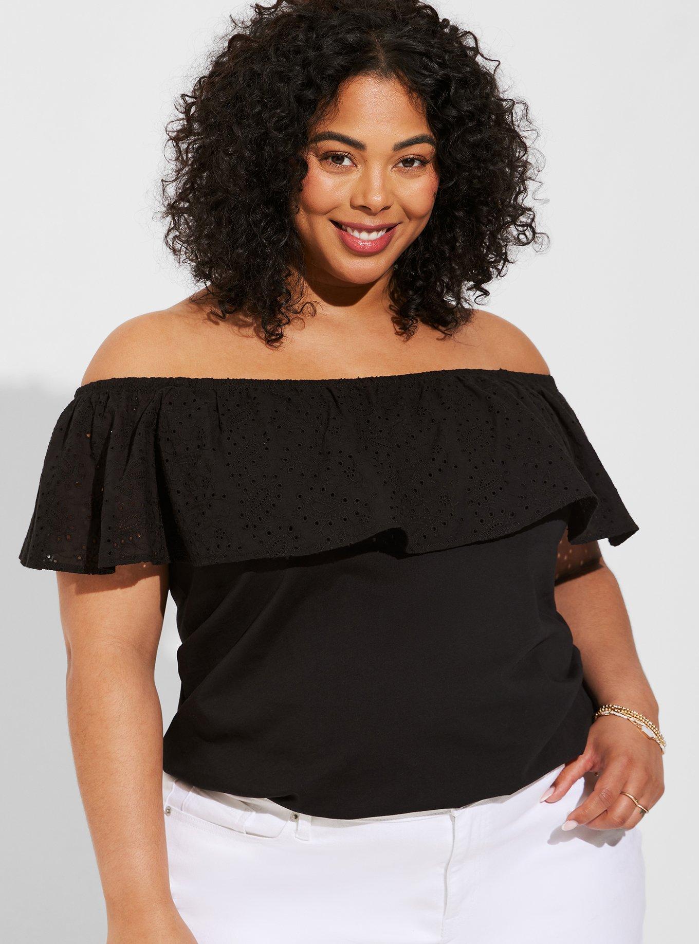 Vintage Cotton Jersey Off The Shoulder Eyelet Banded Bottom Top, DEEP BLACK, hi-res