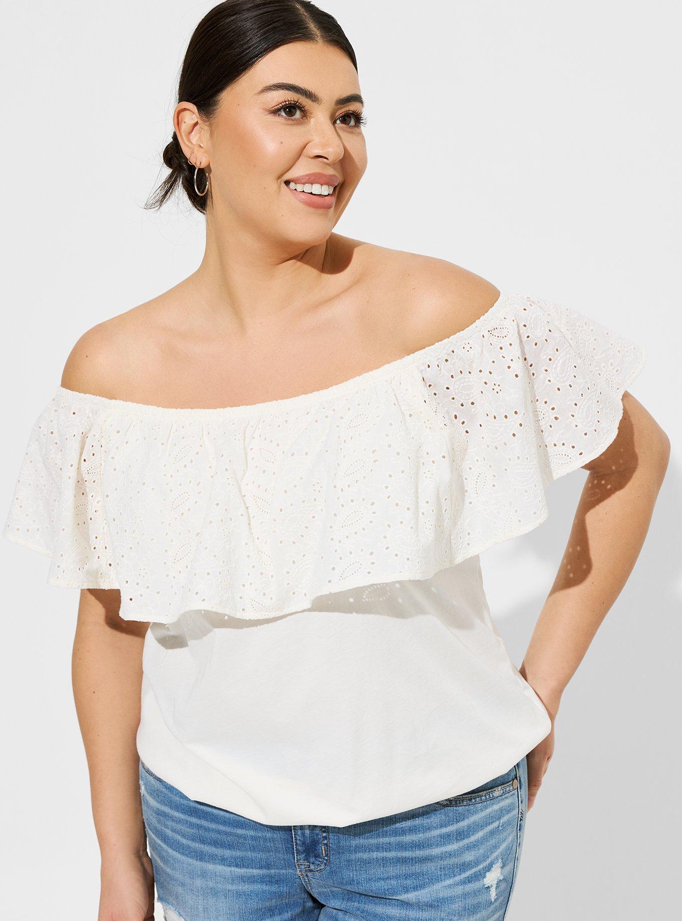 Plus Size - Vintage Cotton Jersey Off The Shoulder Eyelet Banded