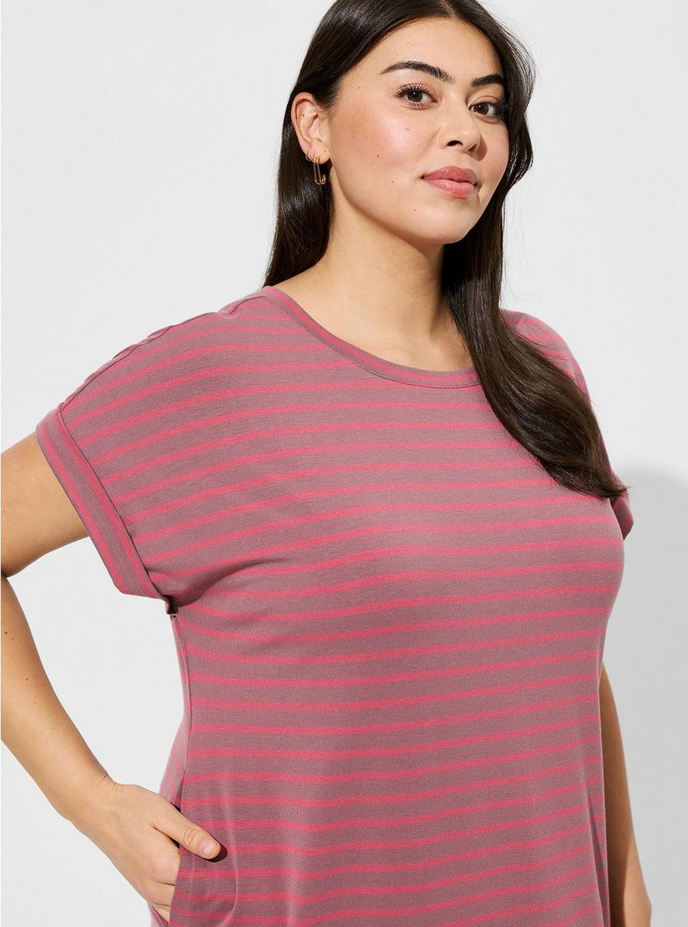 Plus Size Tea Length Jersey Rolled Sleeve T-Shirt Dress, STRIPE PINK, alternate