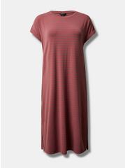 Plus Size Tea Length Jersey Rolled Sleeve T-Shirt Dress, STRIPE PINK, hi-res