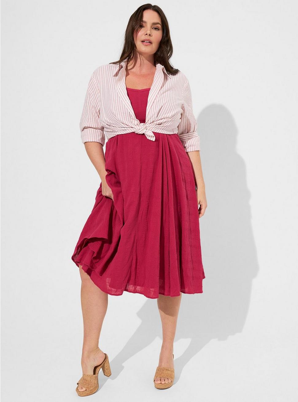 Plus Size Midi Textured Cotton Trapeze Dress, RED BUD, hi-res