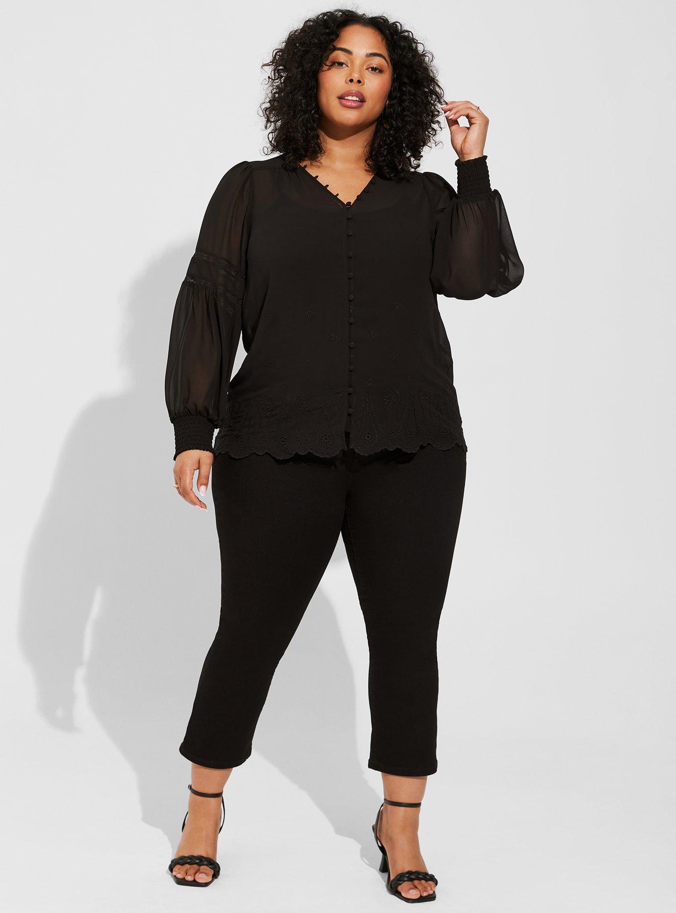 Plus Size Chiffon Ruffle Collar Eyelet Embroidered Blouse, DEEP BLACK, alternate