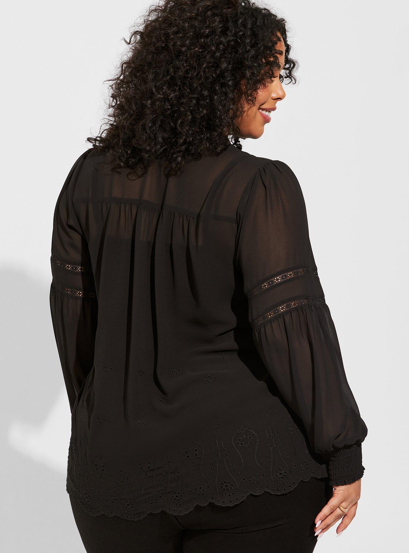 Plus Size Chiffon Ruffle Collar Eyelet Embroidered Blouse, DEEP BLACK, alternate