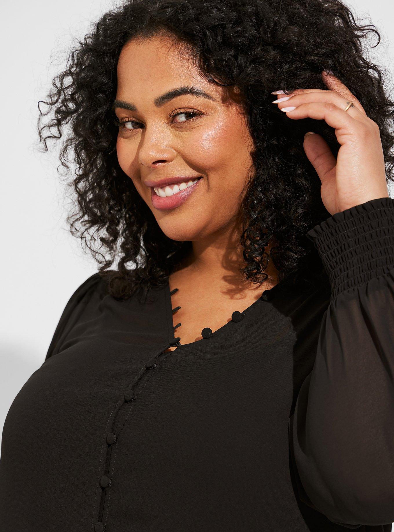 Plus Size Chiffon Ruffle Collar Eyelet Embroidered Blouse, DEEP BLACK, alternate