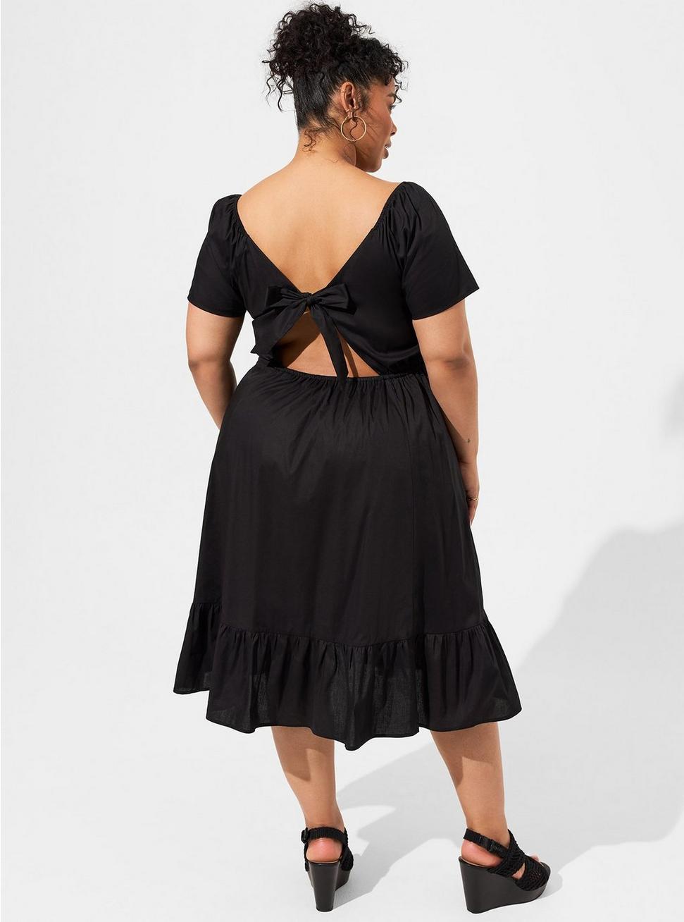 Plus Size Midi Poplin Sheer Waist Dress, DEEP BLACK, alternate
