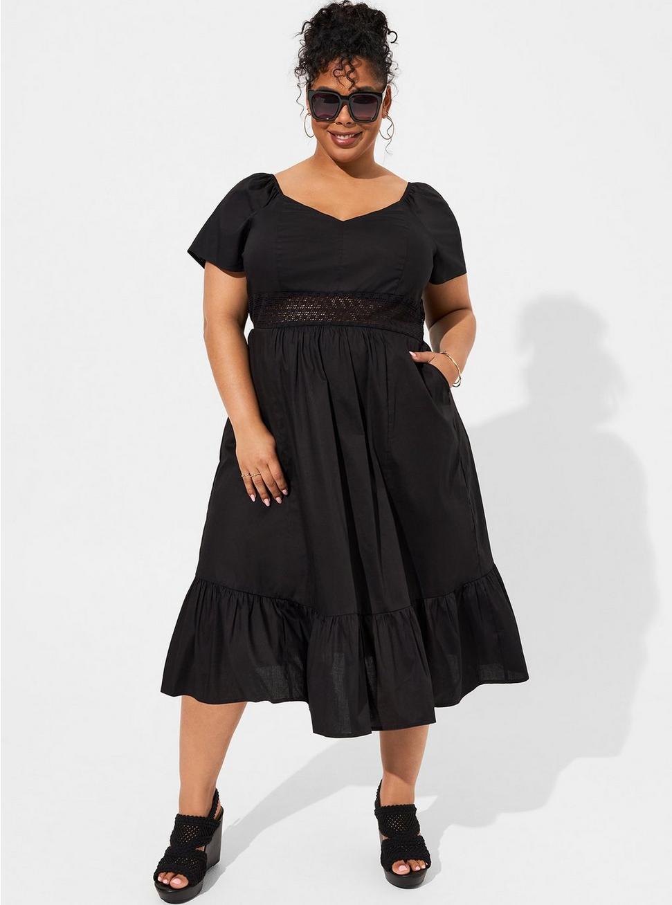 Plus Size Midi Poplin Sheer Waist Dress, DEEP BLACK, hi-res