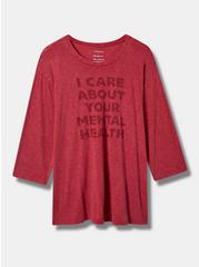 #TORRIDSTRONG Mental Health Relaxed Fit Cotton Burn Out Crew Neck 3/4 Sleeve Varsity Tee, RED BUD, hi-res
