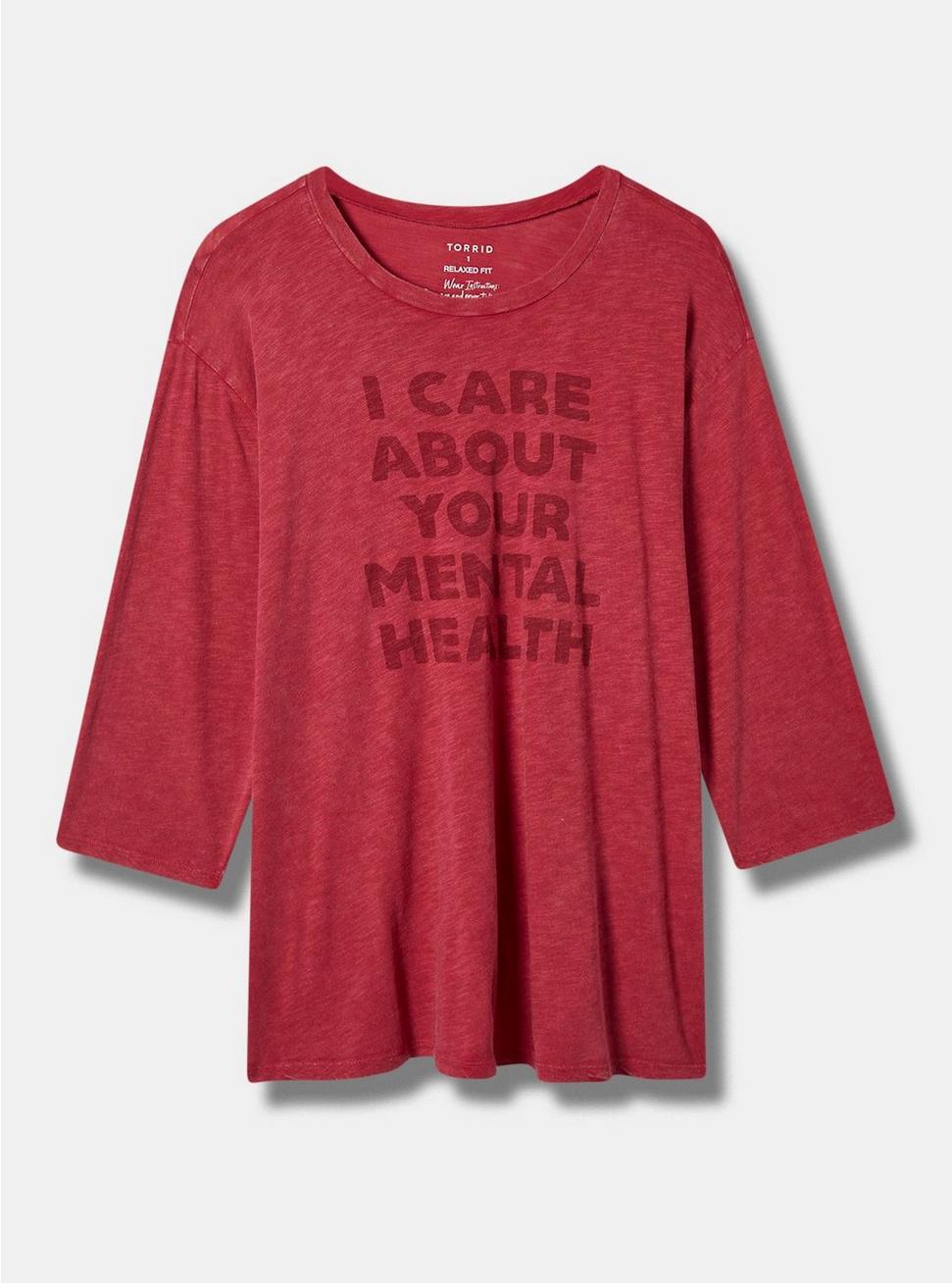 #TORRIDSTRONG Mental Health Relaxed Fit Cotton Burn Out Crew Neck 3/4 Sleeve Varsity Tee, RED BUD, hi-res