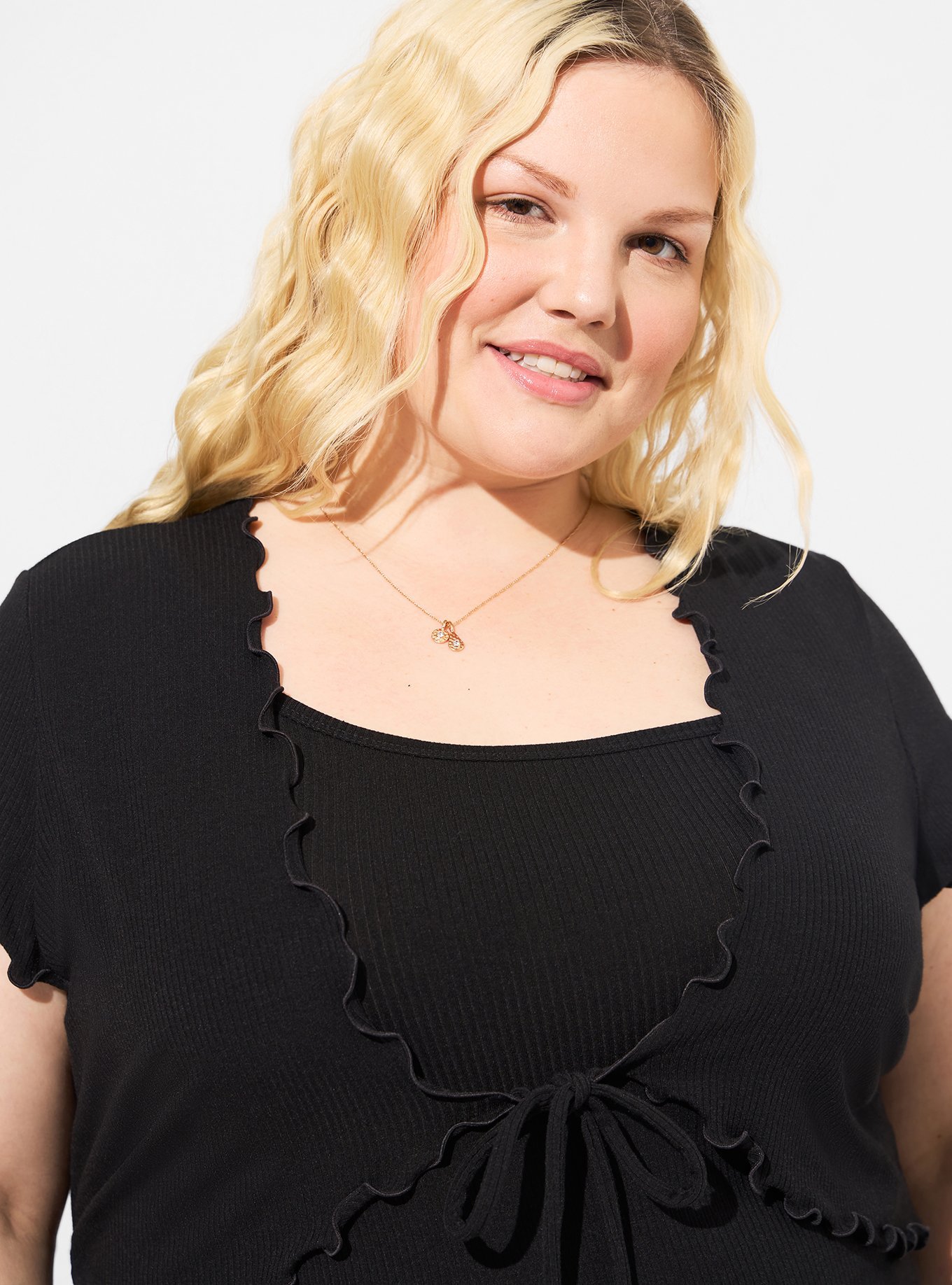 Plus Size - Fitted Supersoft Rib Lettuce Edge Cami Shrug Set - Torrid