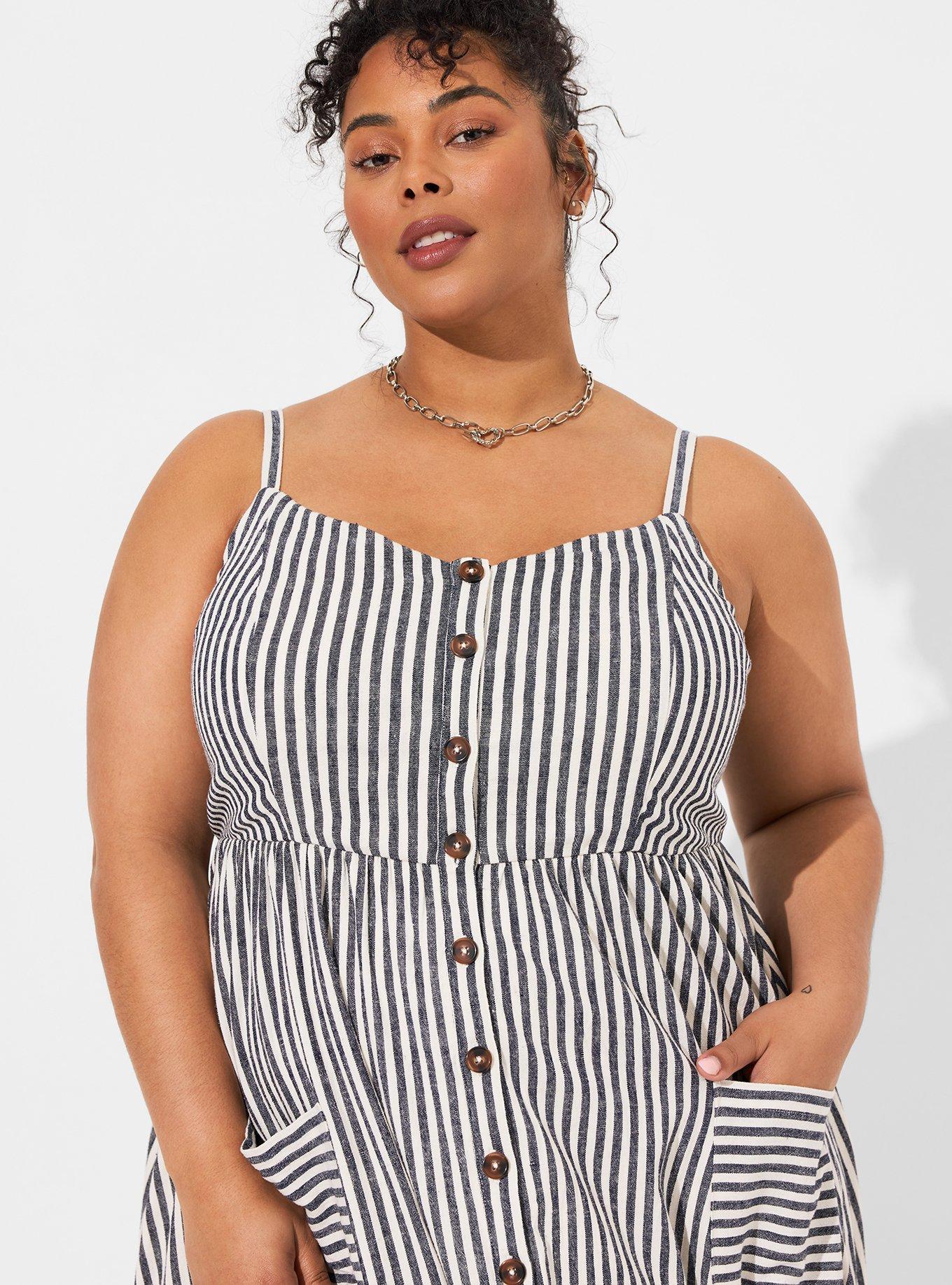 Midi Linen Pocket Button Front Sundress, STRIPE - BLUE, alternate