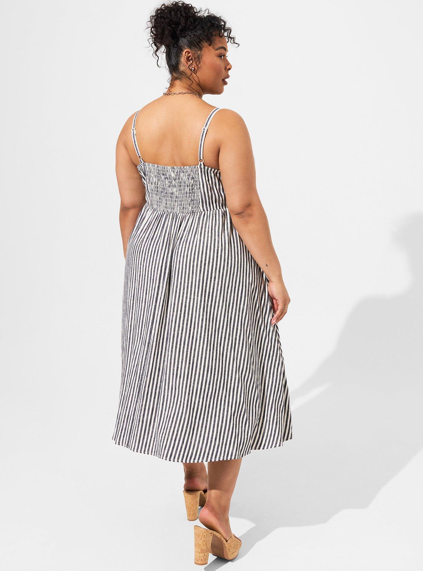 Midi Linen Pocket Button Front Sundress, STRIPE - BLUE, alternate